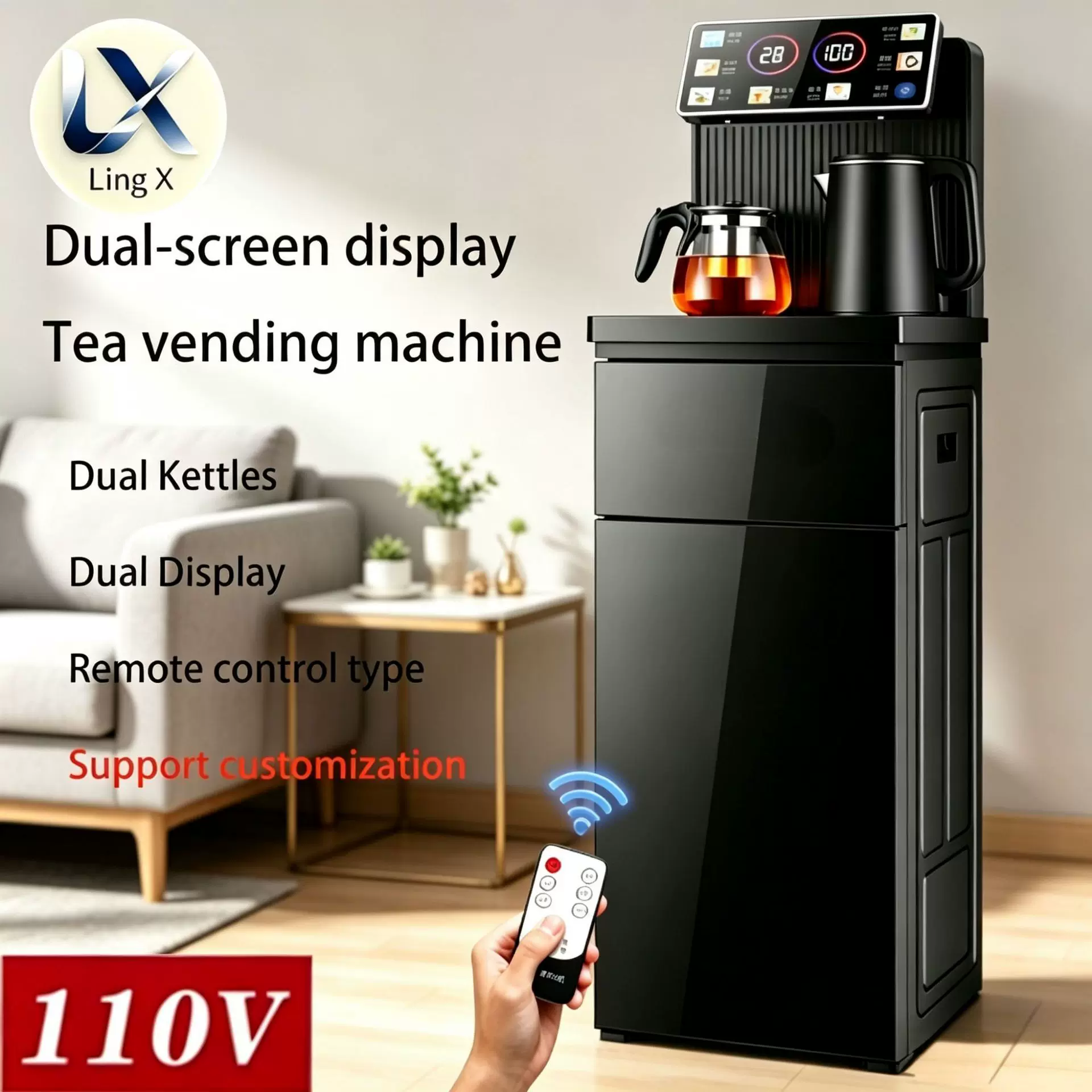跨境110V冷热两用多功能茶吧机饮水机下置水桶双屏显示茶吧机
