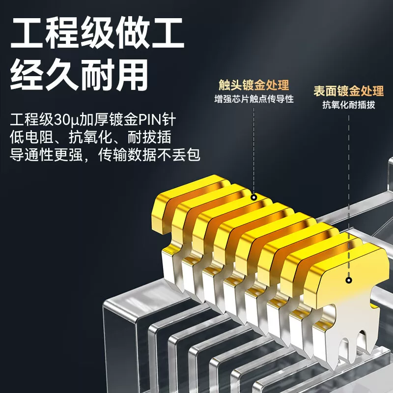 3/30/50μ镀金超五类水晶头 rj45宽带百兆网络8芯非屏蔽网线接头