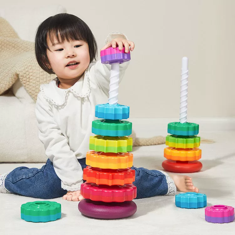 跨境tk亚马逊彩虹转转塔婴儿叠叠乐宝宝旋转套圈早教益智玩具批发