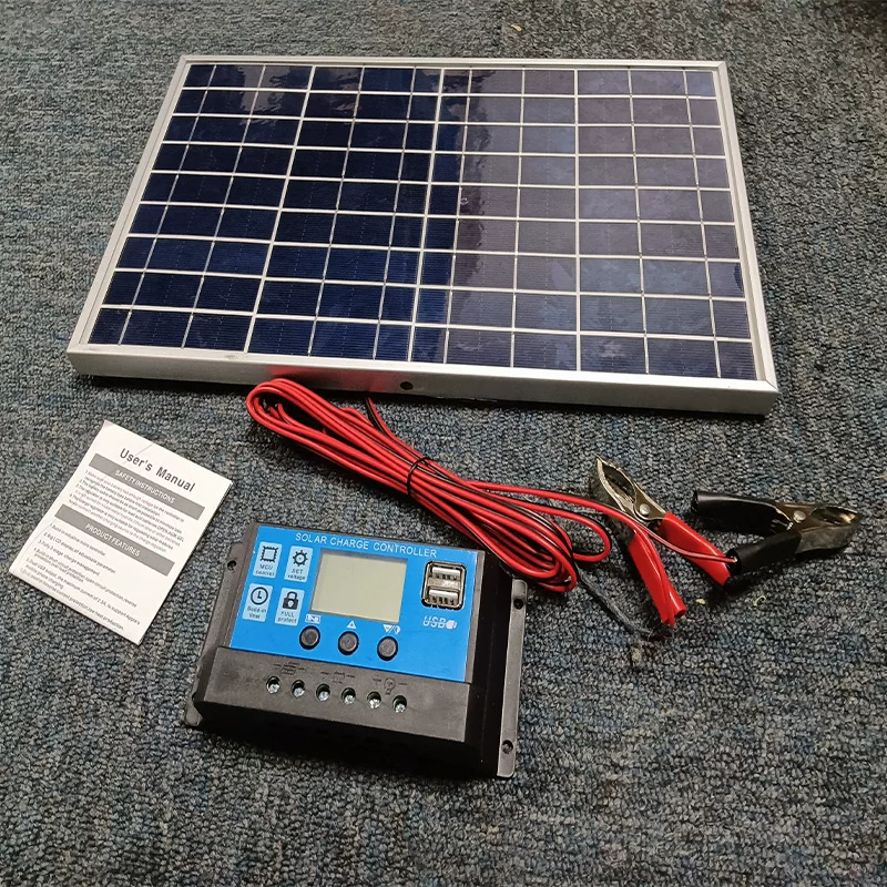 跨境专供单晶10W边框太阳能板3米夹子线12V18V控制器光伏板套装
