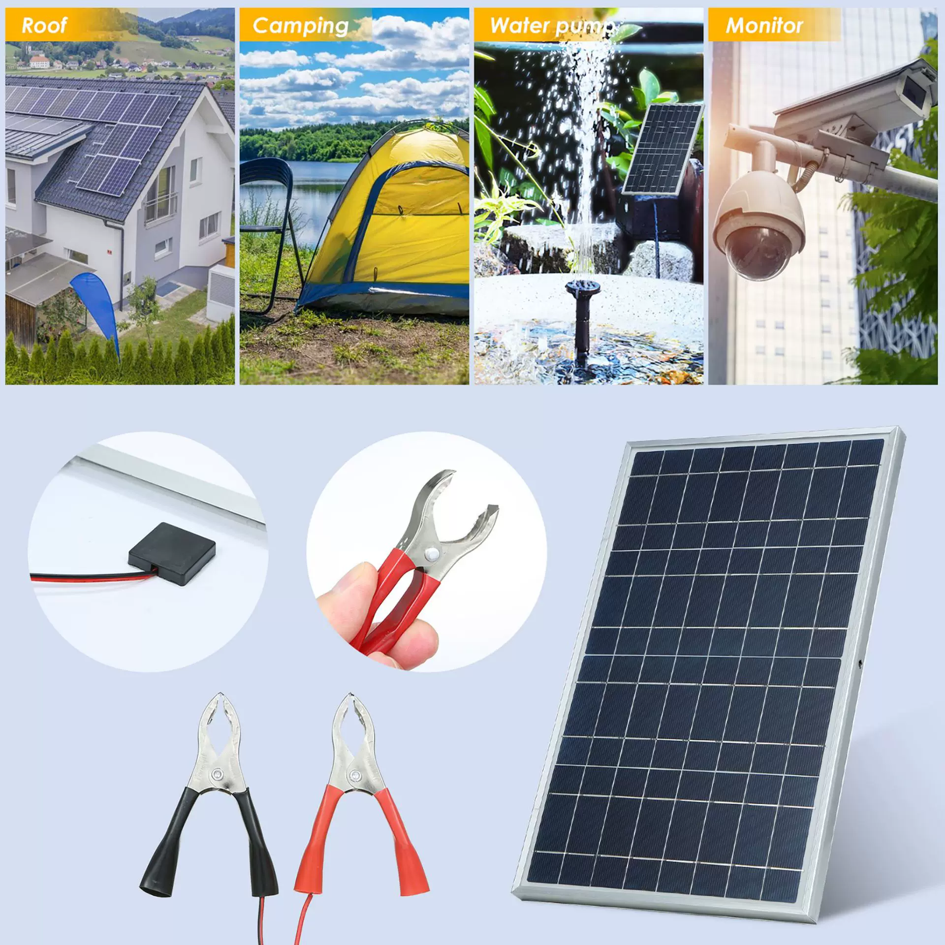 跨境专供单晶10W边框太阳能板3米夹子线12V18V控制器光伏板套装