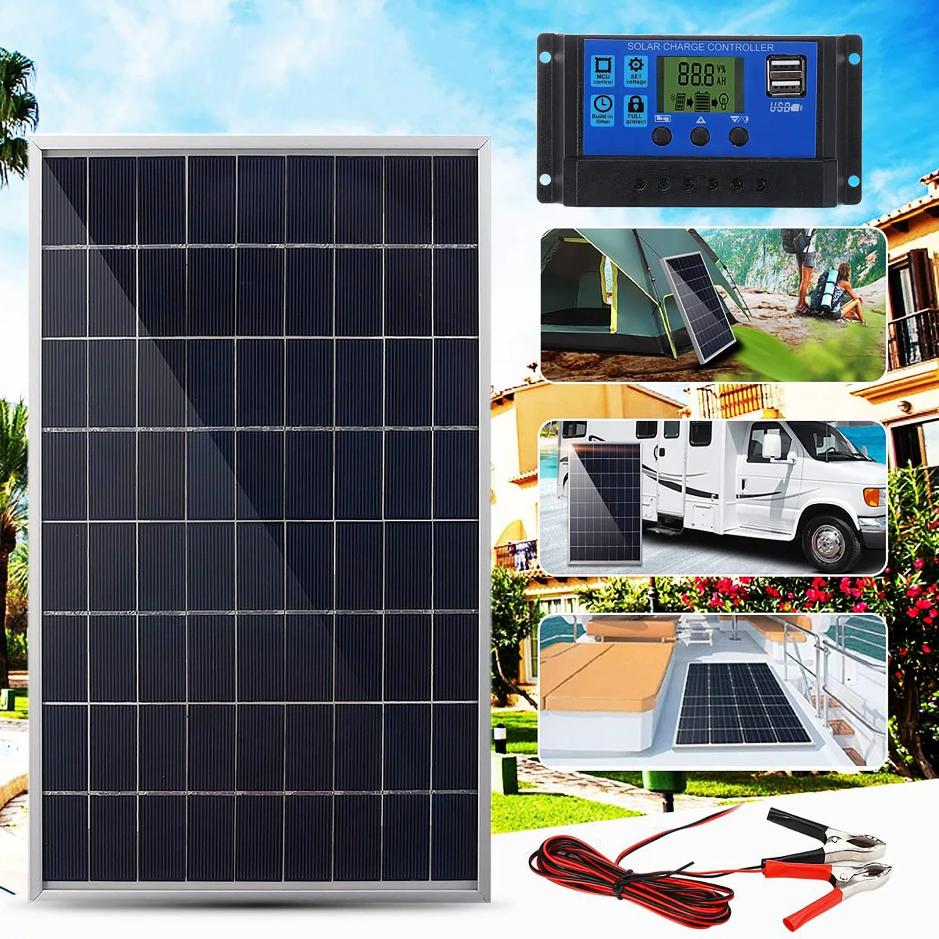 跨境专供单晶10W边框太阳能板3米夹子线12V18V控制器光伏板套装
